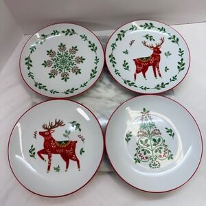 Bee & Willow Christmas Appetizer Plates Set of 4 Reindeer Tree Snowflake 7in